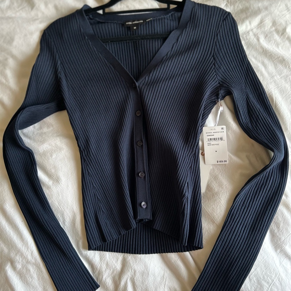 Good American Ribbed Navy Blue Cardigan